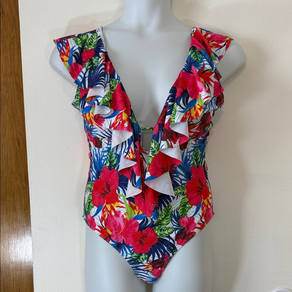 Sporlike Tropical Floral Ruffle Plunging V Neckline One Piece Swimsuit SKU1486